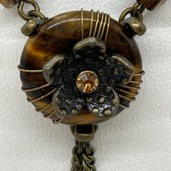 Nina Ricci For Avon Tiger Eye Necklace Dangle Floral Vintage Brass-tone - Picture 4 of 15
